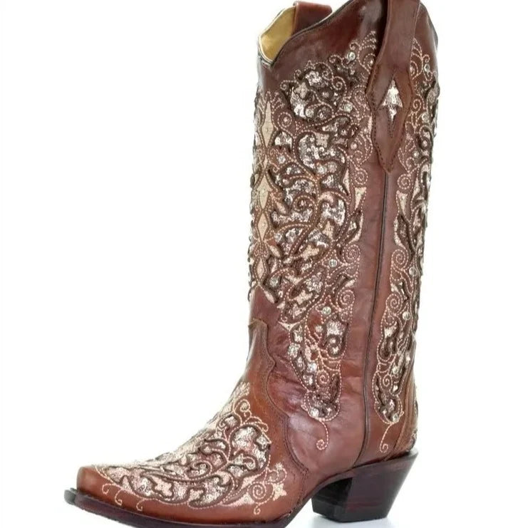 Knee-High Boots Sequined Embroidered Pointed Toe & Block Heel