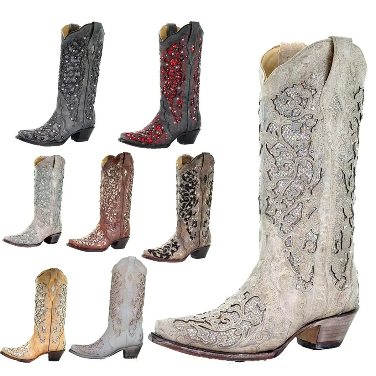 Knee-High Boots Sequined Embroidered Pointed Toe & Block Heel