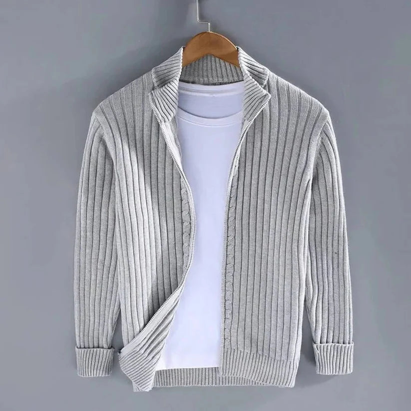 Knit Cardigan Slim Fit Zip Front Ribbed Cuffs