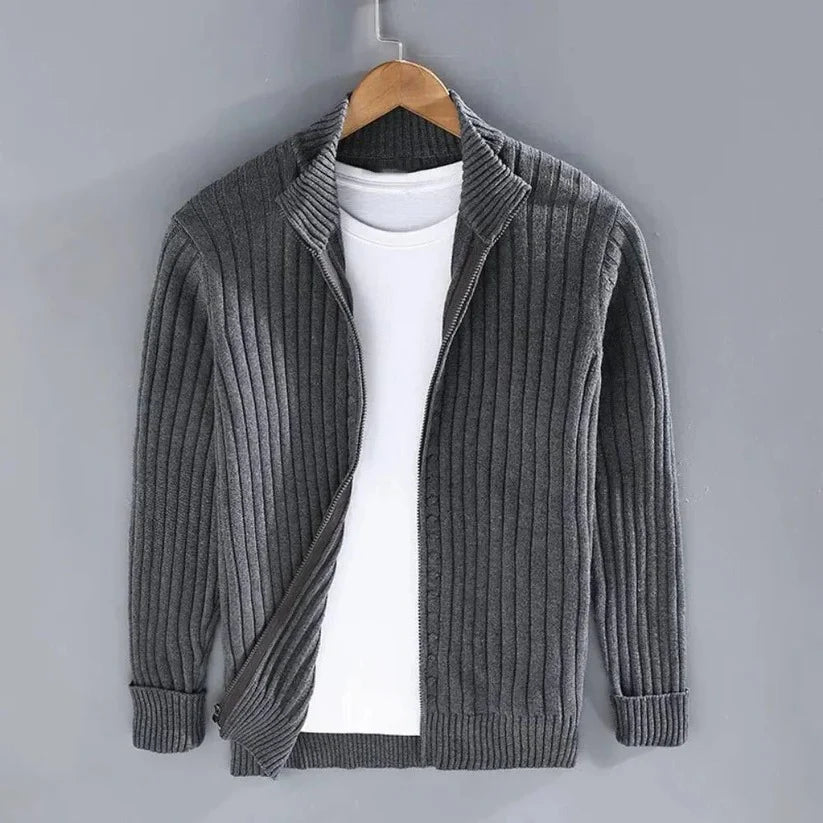 Knit Cardigan Slim Fit Zip Front Ribbed Cuffs