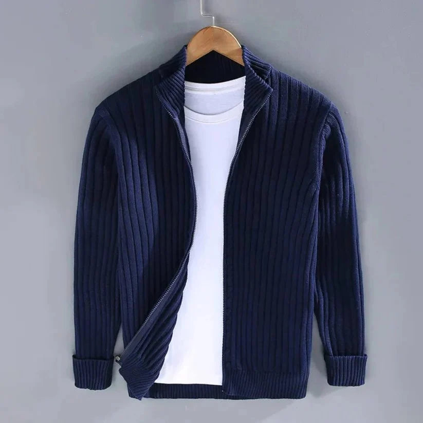 Knit Cardigan Slim Fit Zip Front Ribbed Cuffs