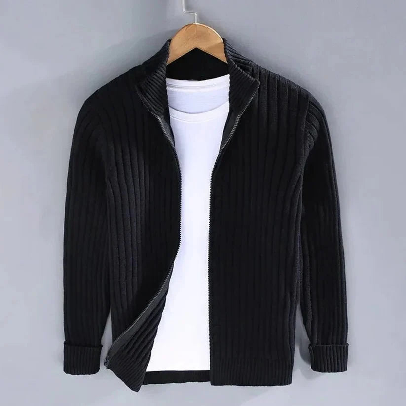 Knit Cardigan Slim Fit Zip Front Ribbed Cuffs