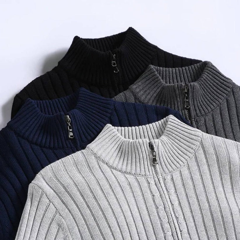 Knit Cardigan Slim Fit Zip Front Ribbed Cuffs