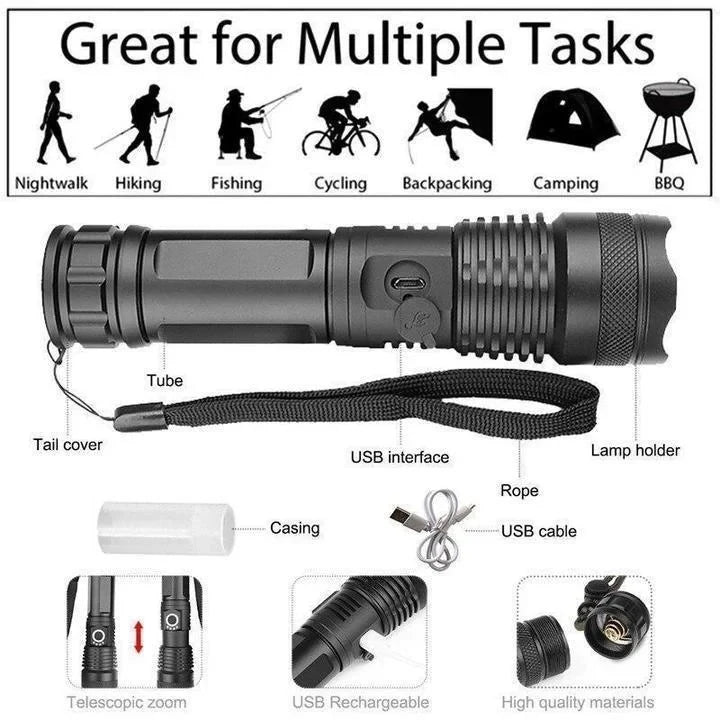 LED Flashlight 90,000 Lumens Adjustable Zoom USB Rechargeable