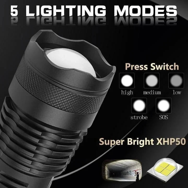 LED Flashlight 90,000 Lumens Adjustable Zoom USB Rechargeable