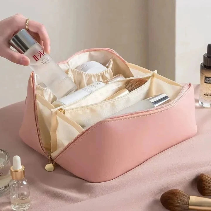 Makeup Organizer Pouch Wide-Opening PU Leather & Mesh Pockets