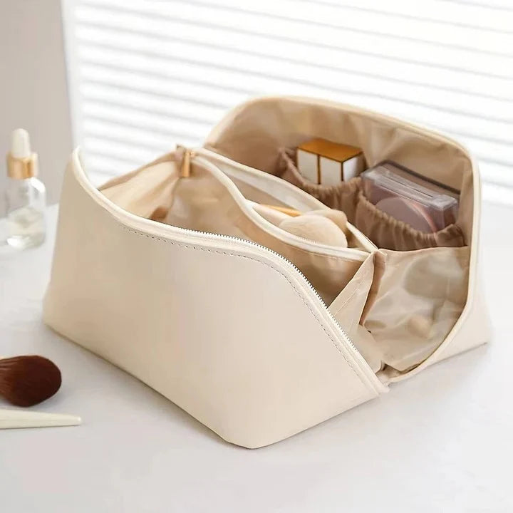 Makeup Organizer Pouch Wide-Opening PU Leather & Mesh Pockets