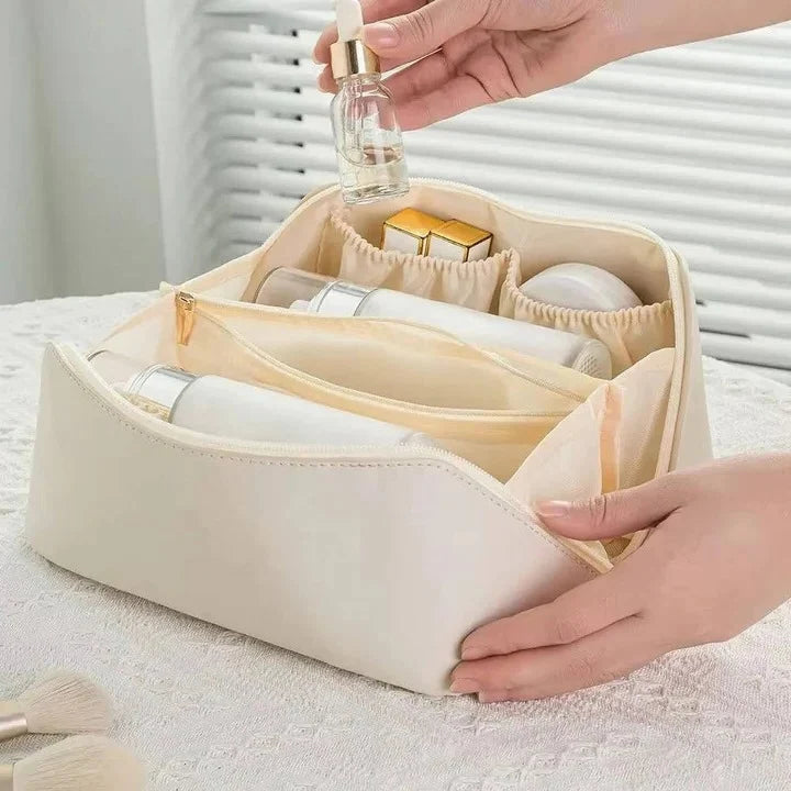 Makeup Organizer Pouch Wide-Opening PU Leather & Mesh Pockets