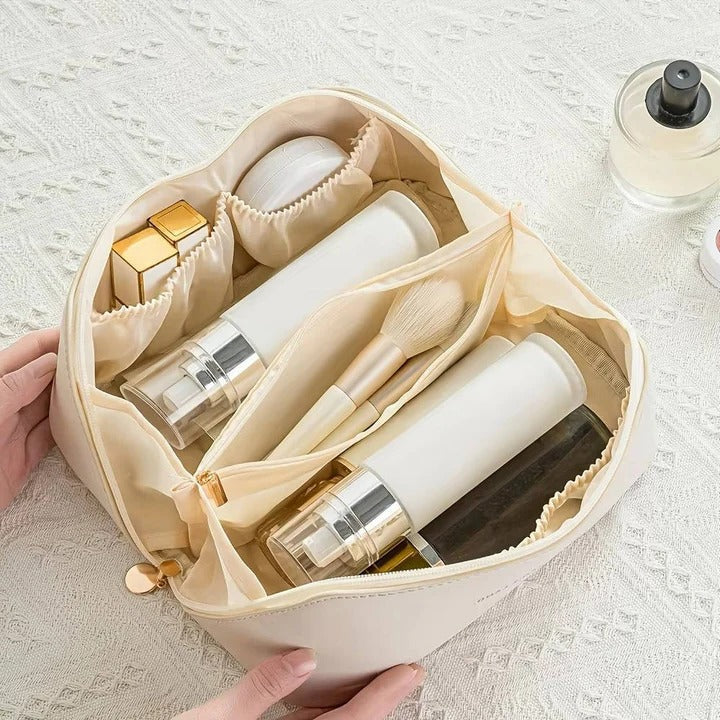 Makeup Organizer Pouch Wide-Opening PU Leather & Mesh Pockets