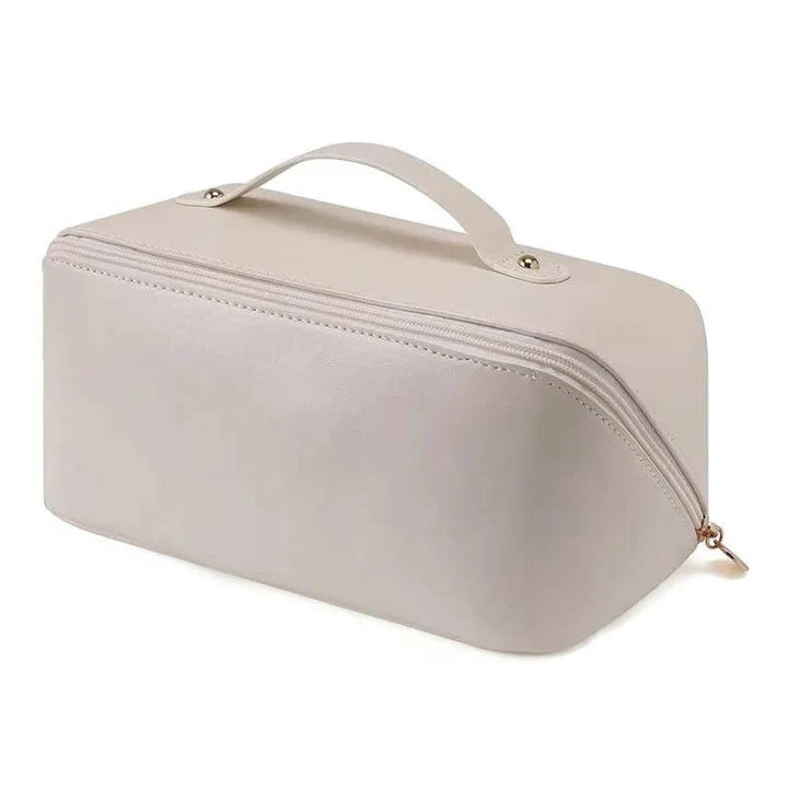 Makeup Organizer Pouch Wide-Opening PU Leather & Mesh Pockets