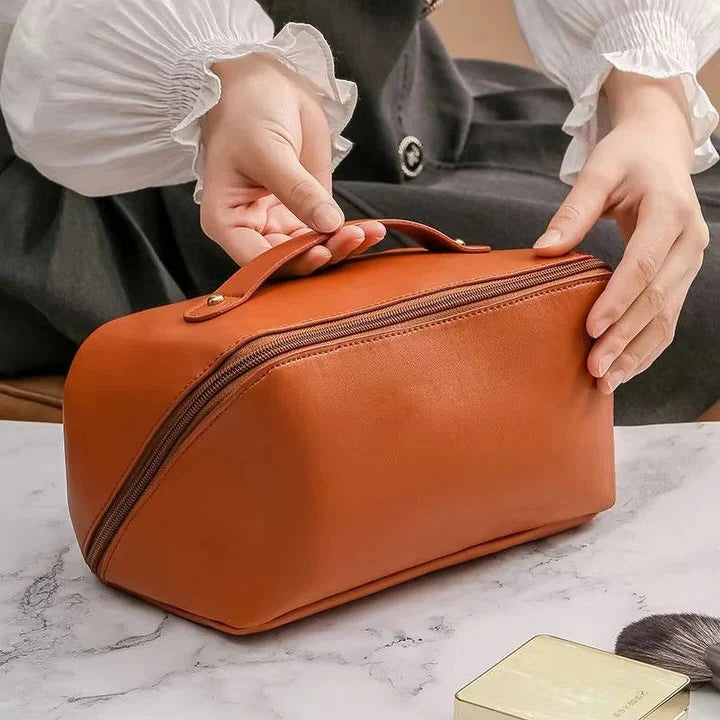 Makeup Organizer Pouch Wide-Opening PU Leather & Mesh Pockets