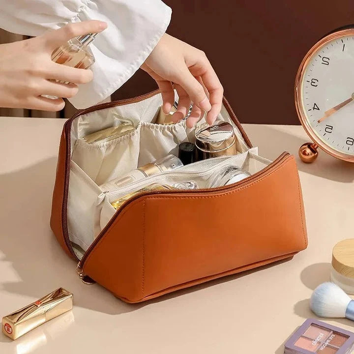 Makeup Organizer Pouch Wide-Opening PU Leather & Mesh Pockets