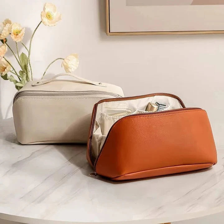 Makeup Organizer Pouch Wide-Opening PU Leather & Mesh Pockets