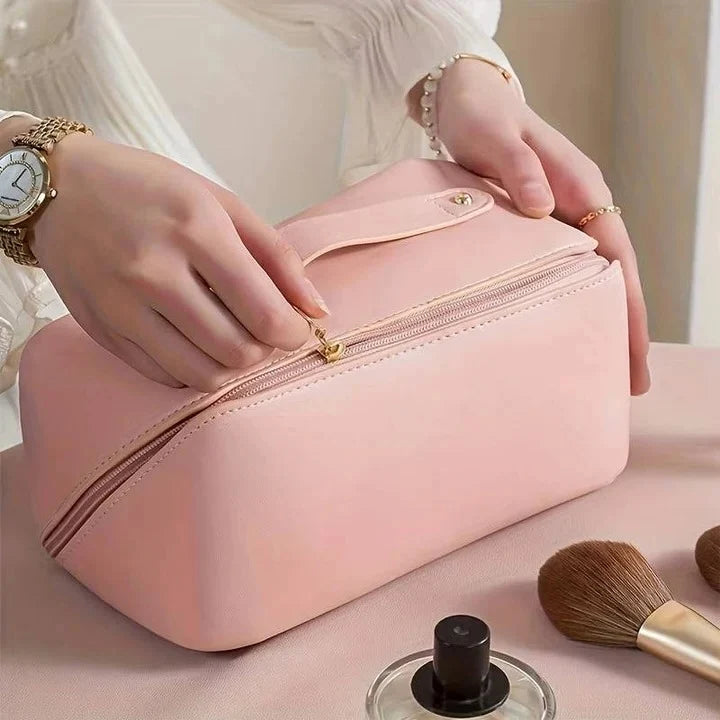 Makeup Organizer Pouch Wide-Opening PU Leather & Mesh Pockets