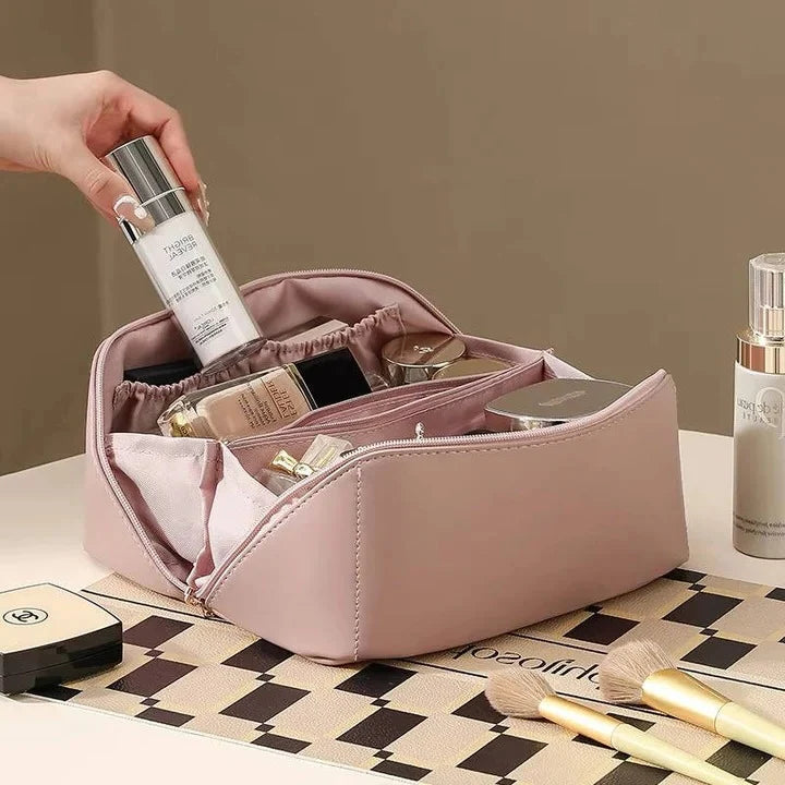 Makeup Organizer Pouch Wide-Opening PU Leather & Mesh Pockets