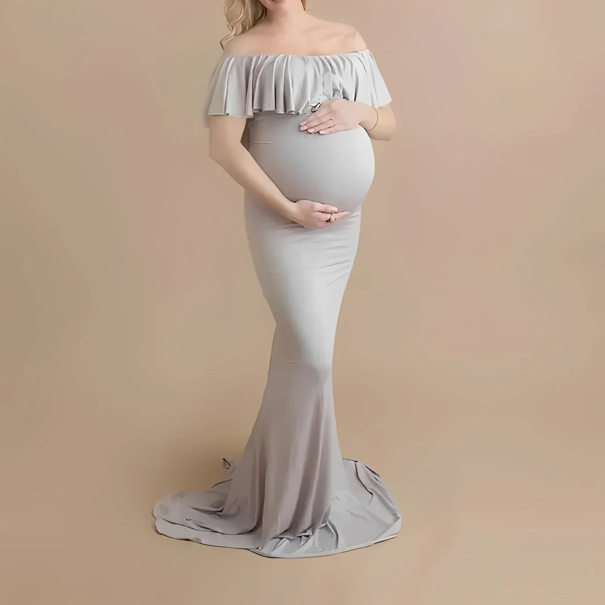 Maternity Photoshoot Dress Lace-Blend Stretchy Ankle-Length