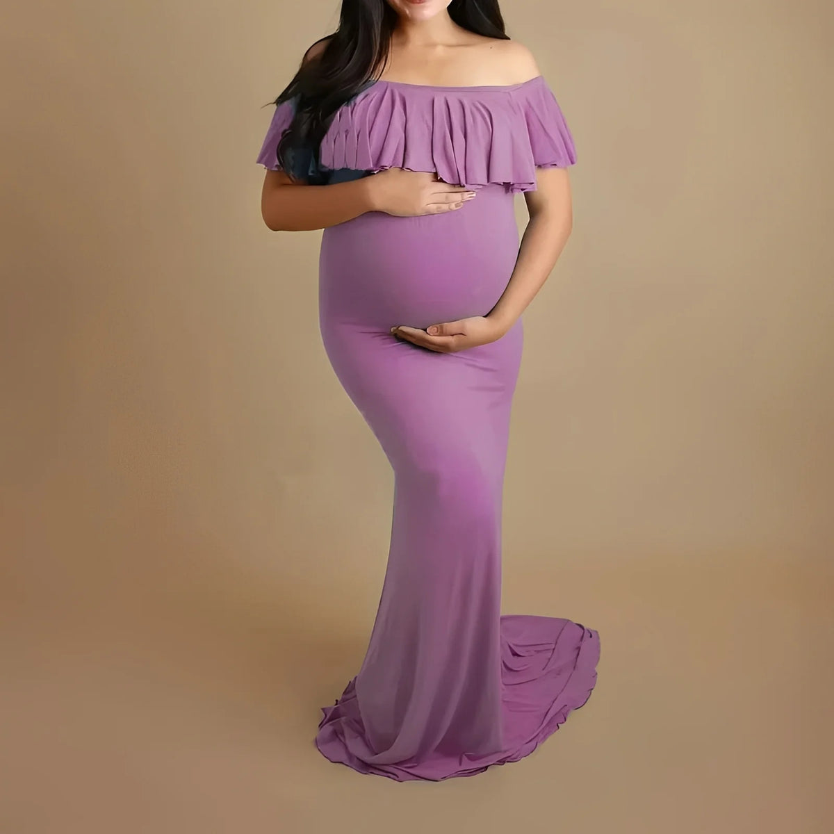 Maternity Photoshoot Dress Lace-Blend Stretchy Ankle-Length