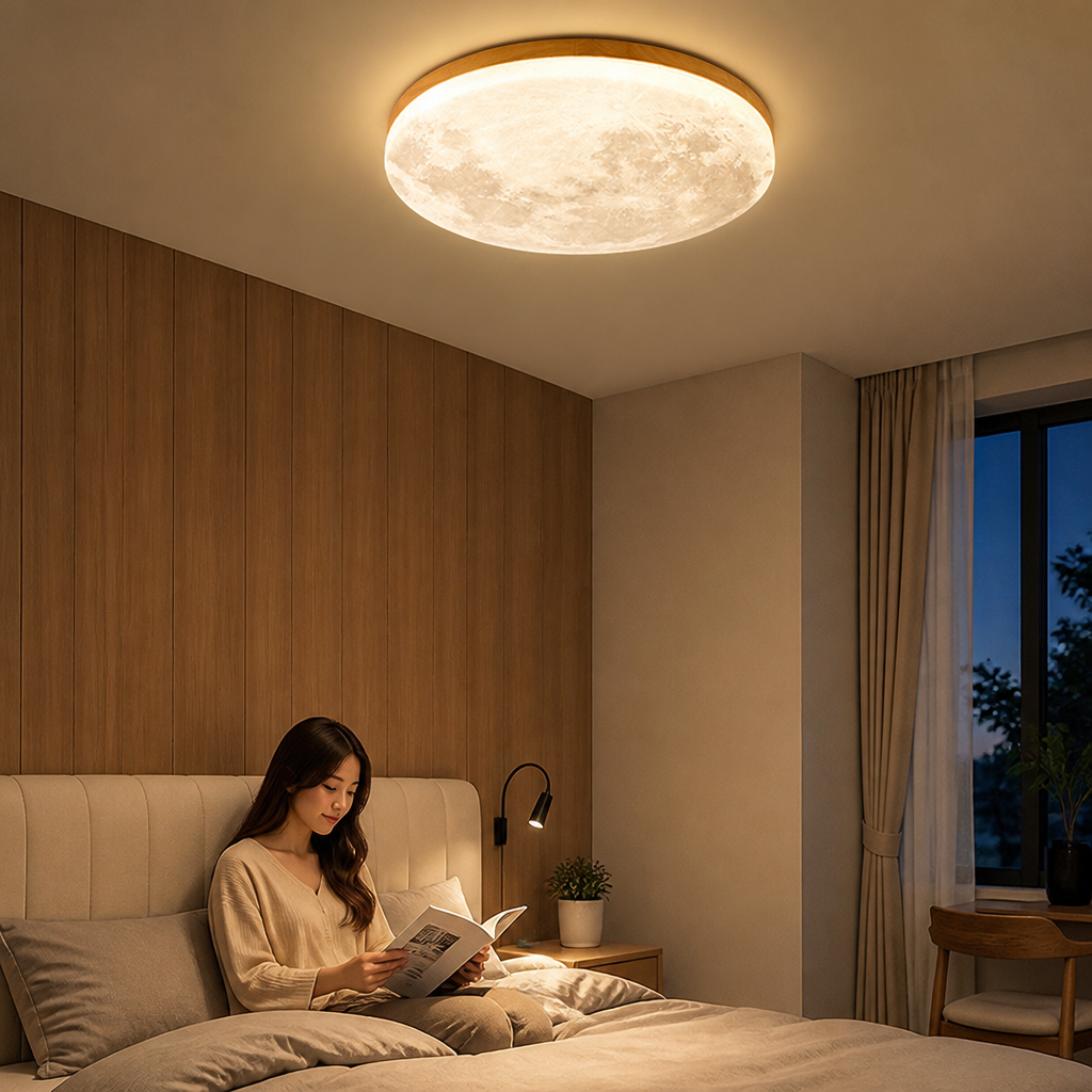 Moon-Round Solid Wood And Acrylic LED Ceiling Light