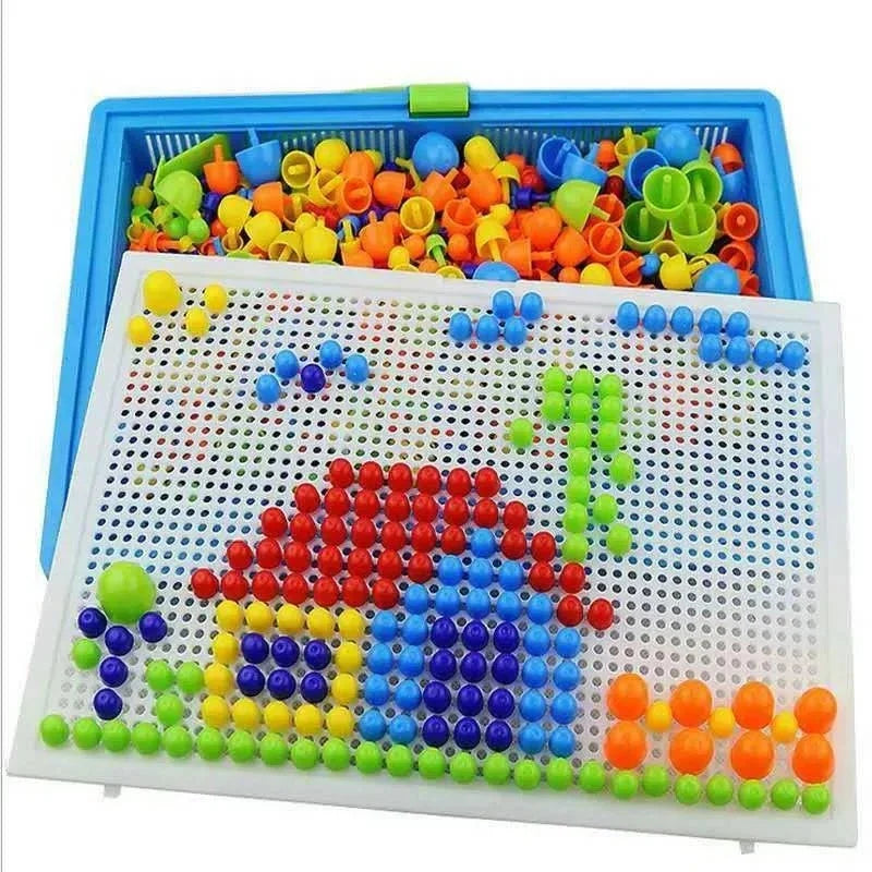 Mosaic Peg Board Mushroom-Grip Pegs & Handled Basket