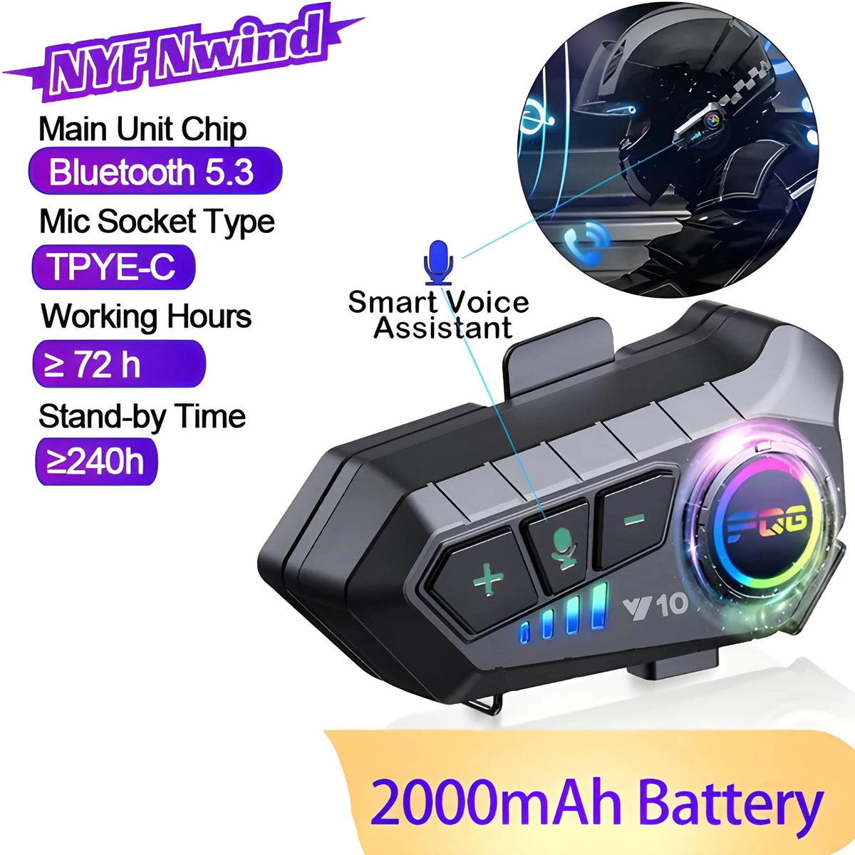 Motorcycle Bluetooth Headset 30-Hour Talk Time & IPX6 Waterproof