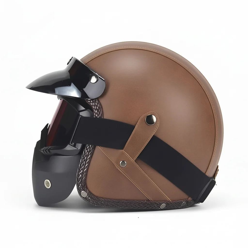 Open Face Helmet Synthetic Leather Detachable Mask & Polycarbonate Goggles
