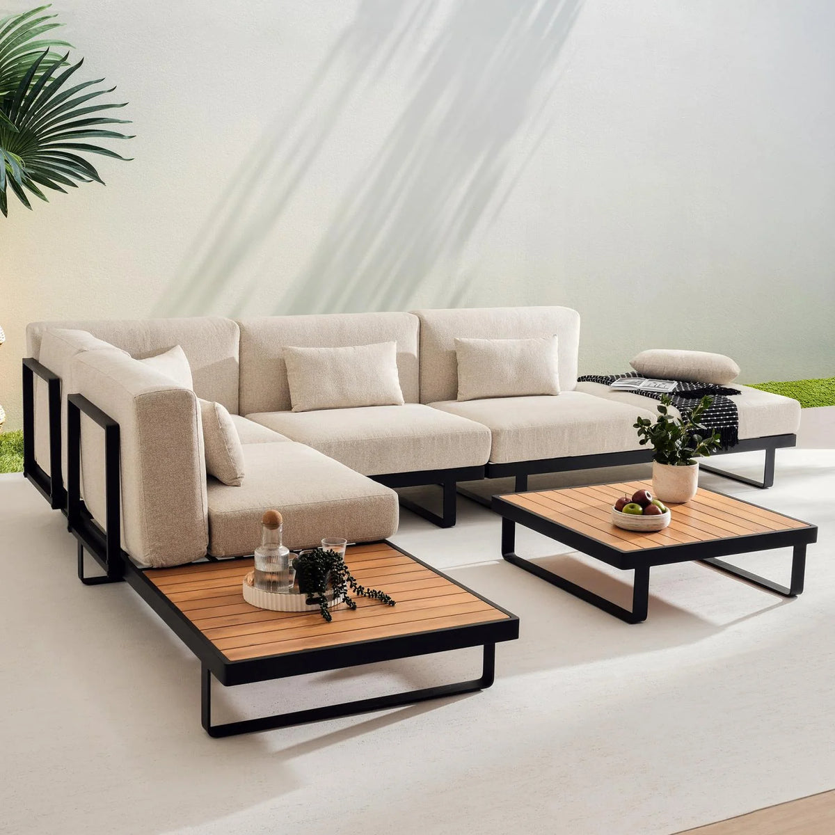 Outdoor Corner Sofa Set 8-Seater Aluminum Frame Acacia Tables