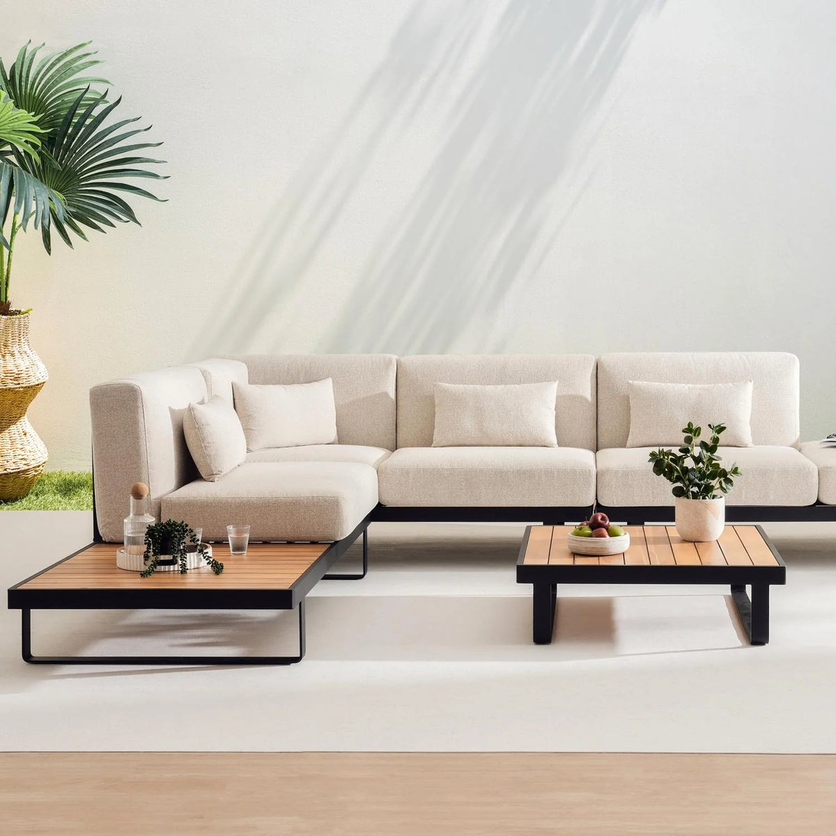 Outdoor Corner Sofa Set 8-Seater Aluminum Frame Acacia Tables