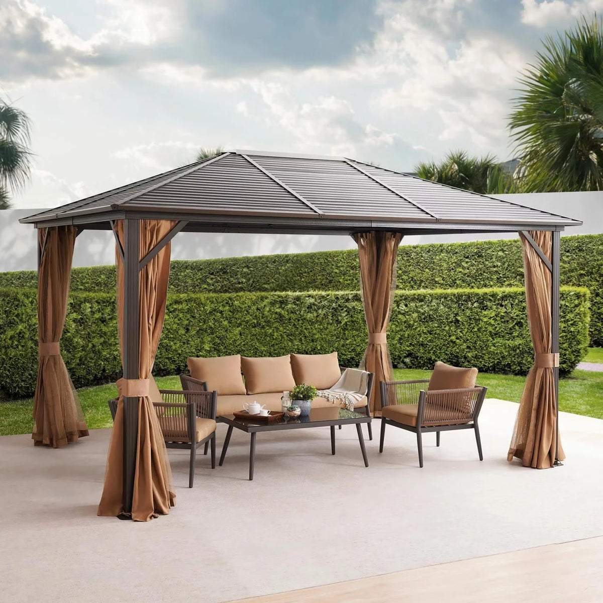 Outdoor Gazebo Powder-Coated Aluminum Frame Full Netting & Adjustable Canopy