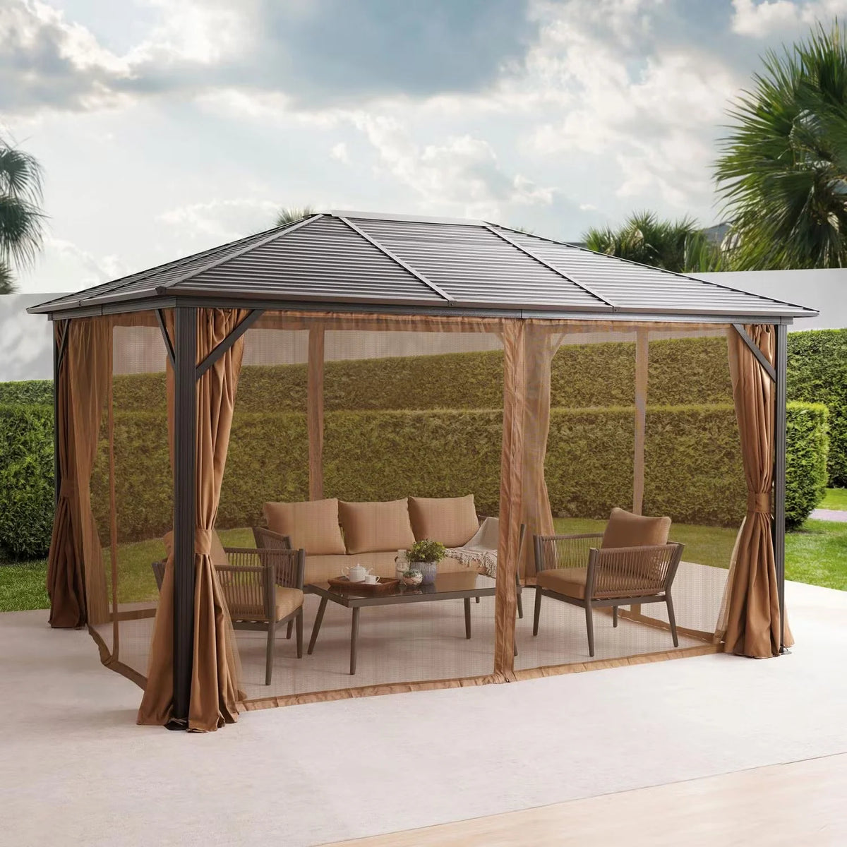 Outdoor Gazebo Powder-Coated Aluminum Frame Full Netting & Adjustable Canopy