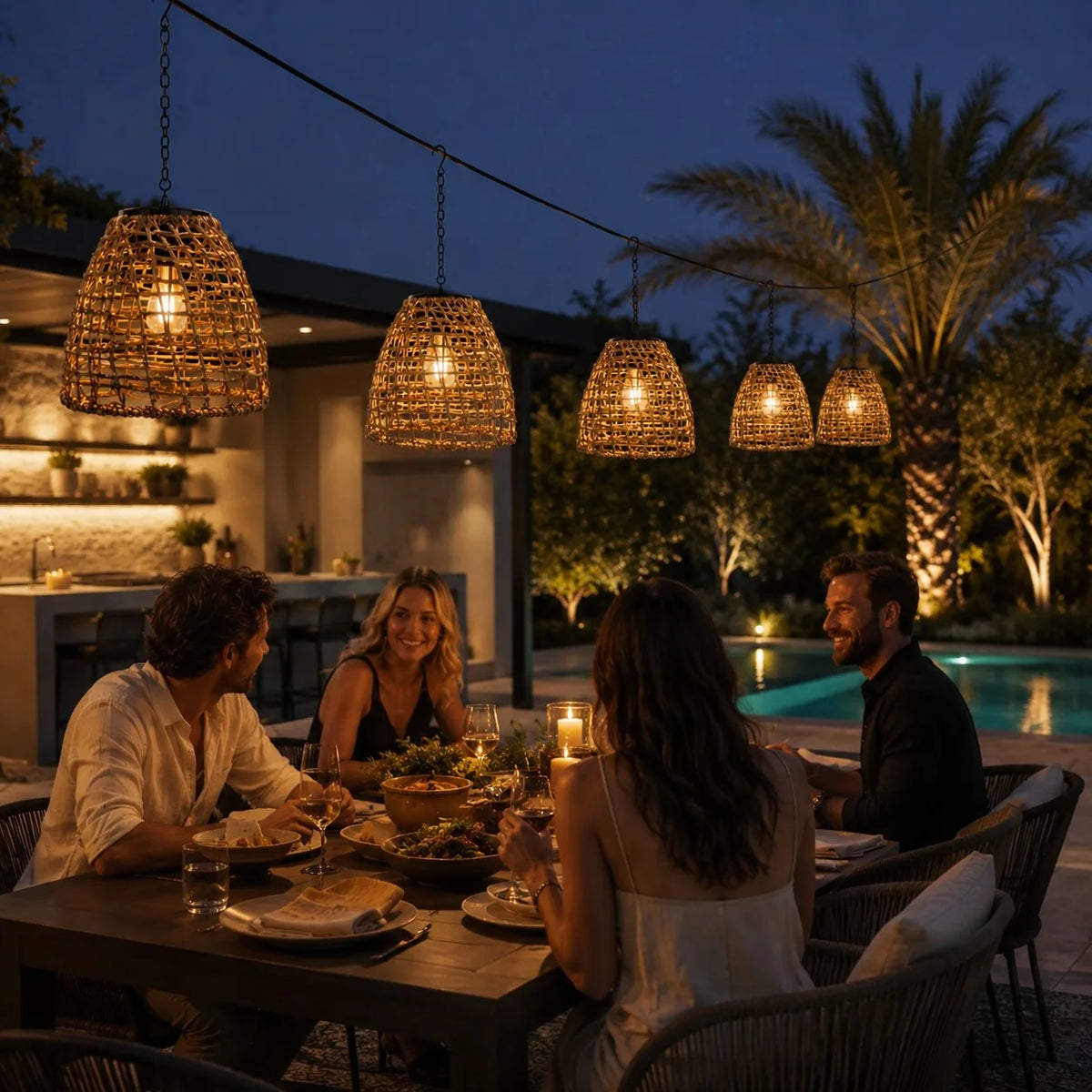 Outdoor Hanging Lantern Solar LED Rattan & Adjustable Cord