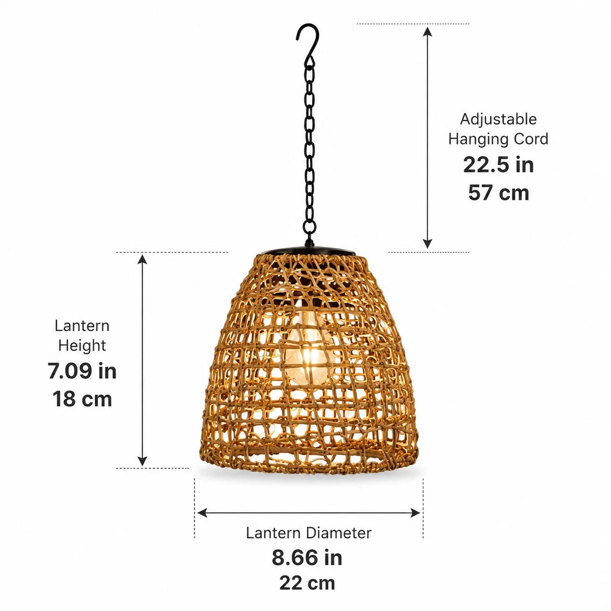 Outdoor Hanging Lantern Solar LED Rattan & Adjustable Cord