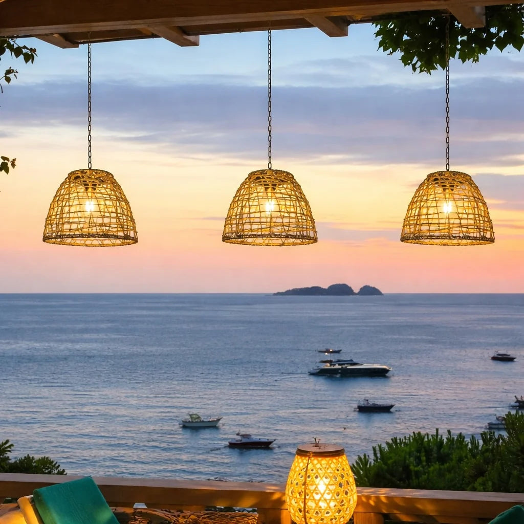 Outdoor Hanging Lantern Solar LED Rattan & Adjustable Cord