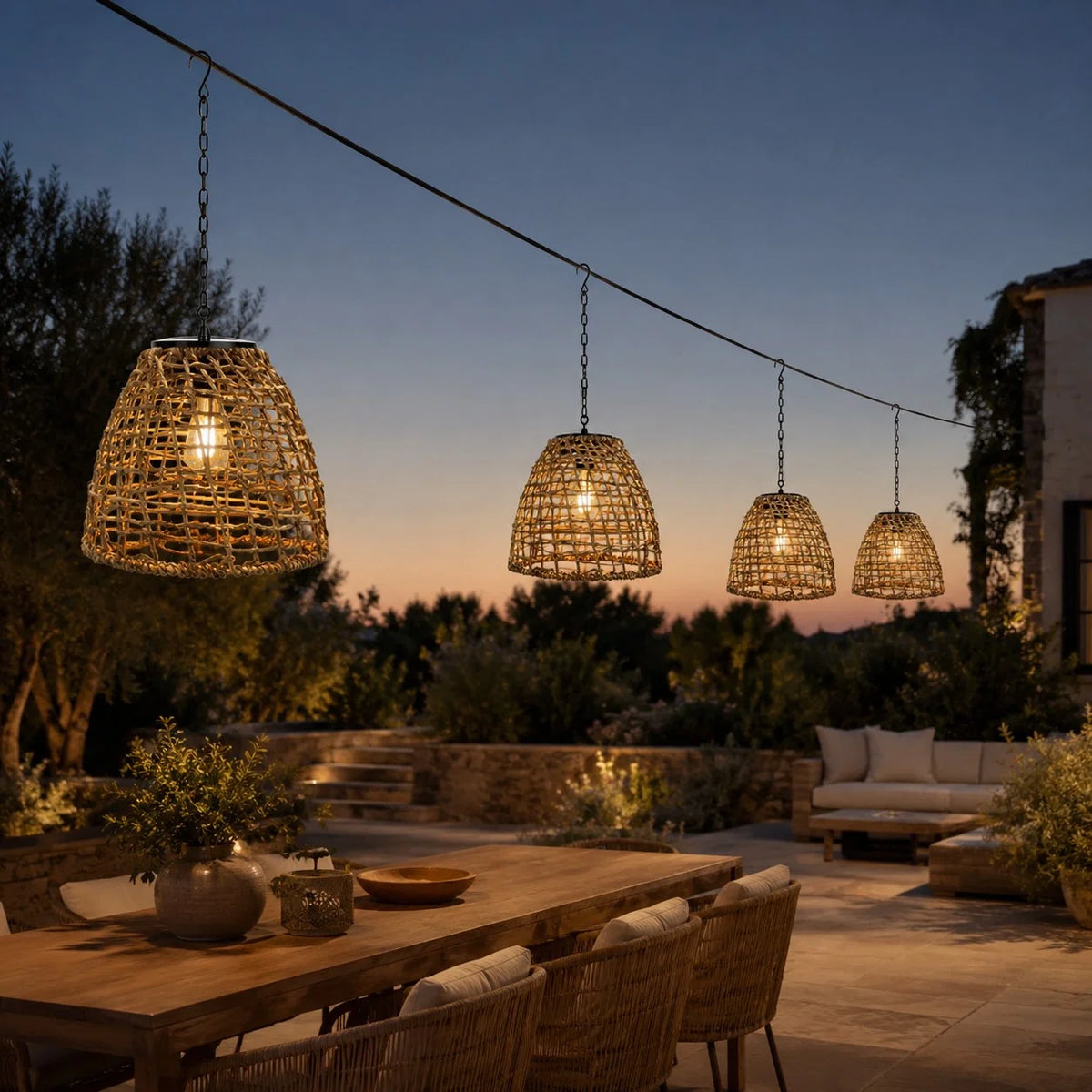 Outdoor Hanging Lantern Solar LED Rattan & Adjustable Cord