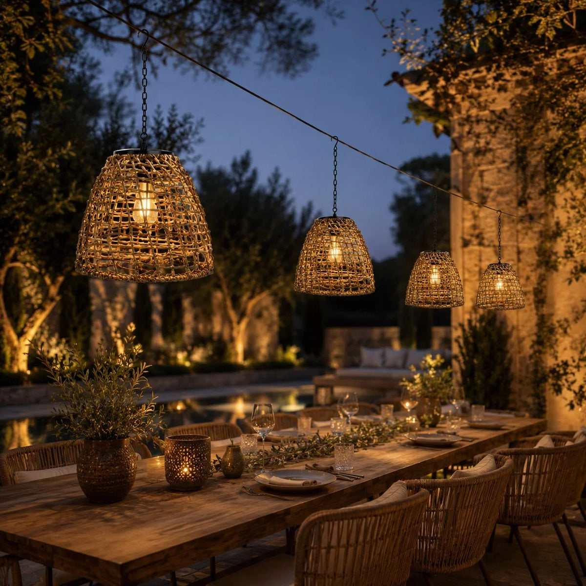 Outdoor Hanging Lantern Solar LED Rattan & Adjustable Cord