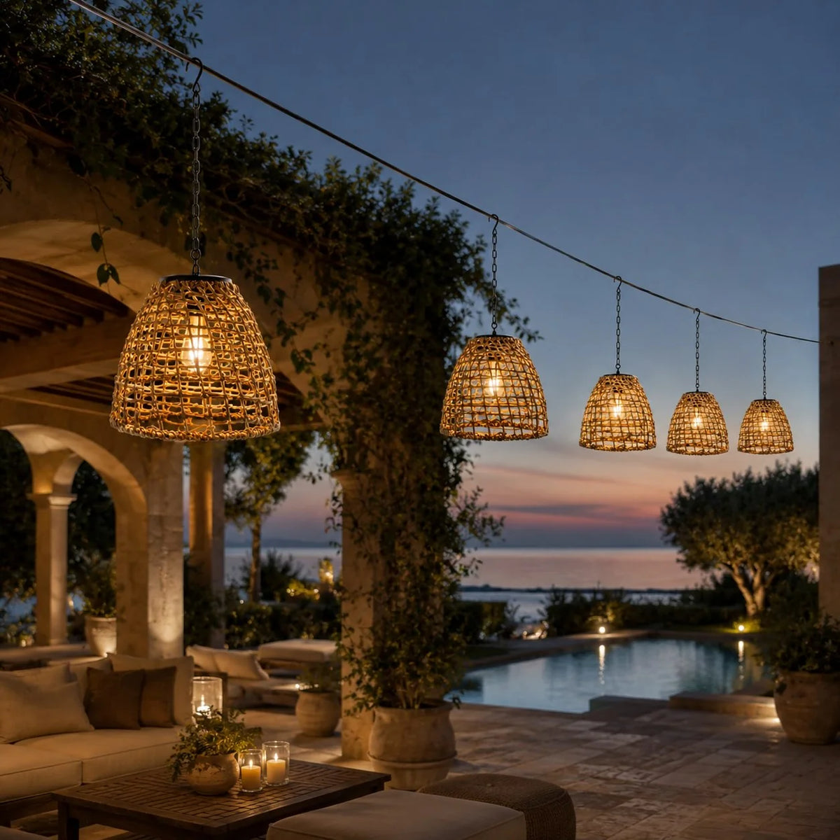 Outdoor Hanging Lantern Solar LED Rattan & Adjustable Cord