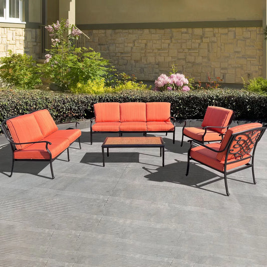 Outdoor Sofa Set Aluminum Frame Weather-Resistant Orange Cushions