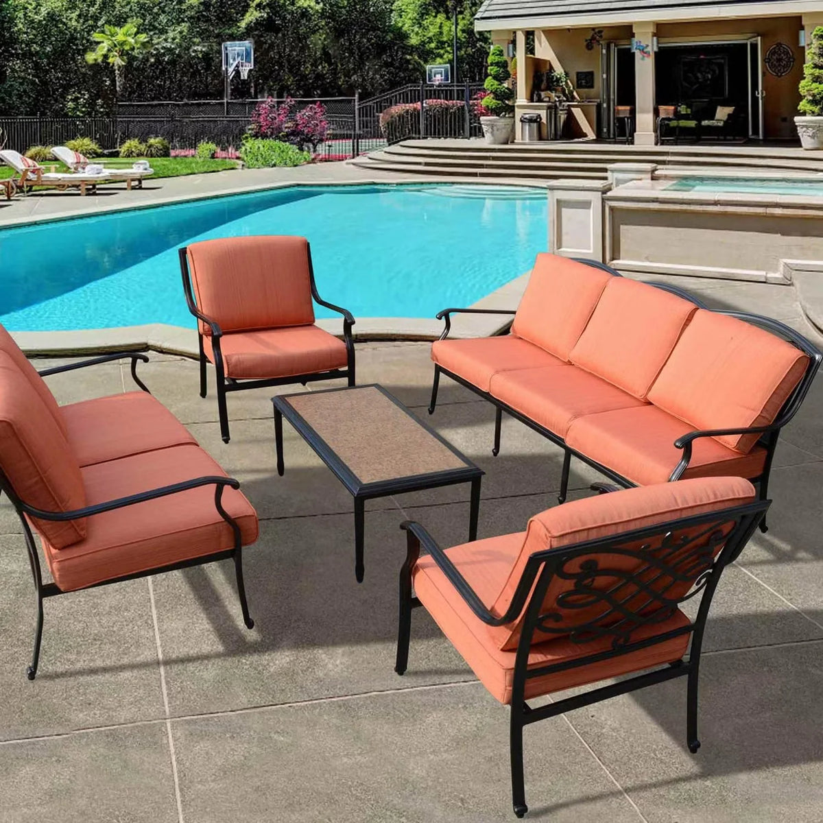 Outdoor Sofa Set Aluminum Frame Weather-Resistant Orange Cushions
