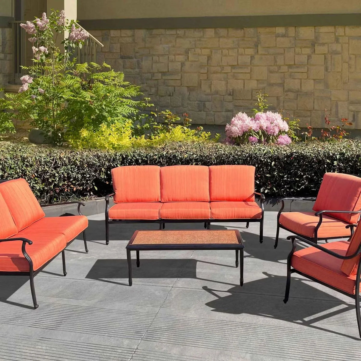 Outdoor Sofa Set Aluminum Frame Weather-Resistant Orange Cushions