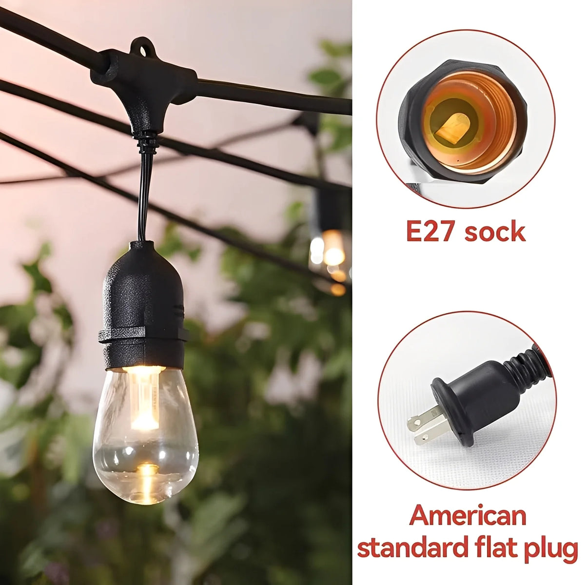 Outdoor String Lights E26 Sockets IP65 Weather-Resistant