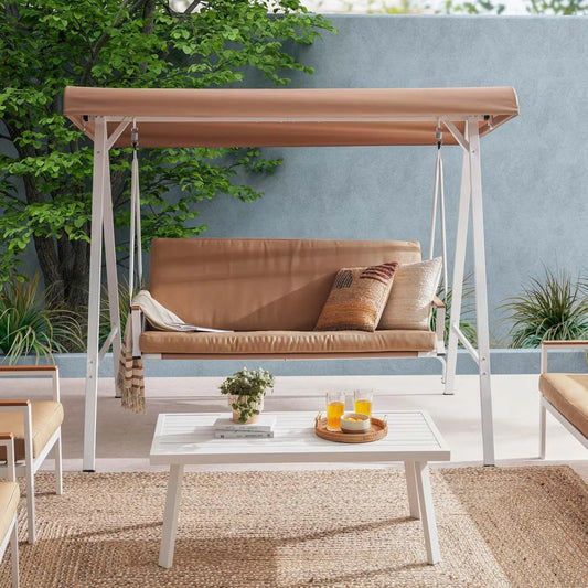 Outdoor Swing Chair 3-Seater Powder-Coated Steel Removable Cushions & Canopy