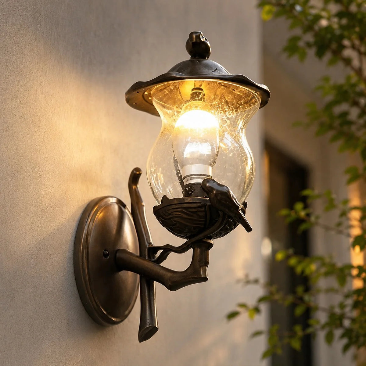Outdoor Wall Sconce Carved Glass Bird Warm LED