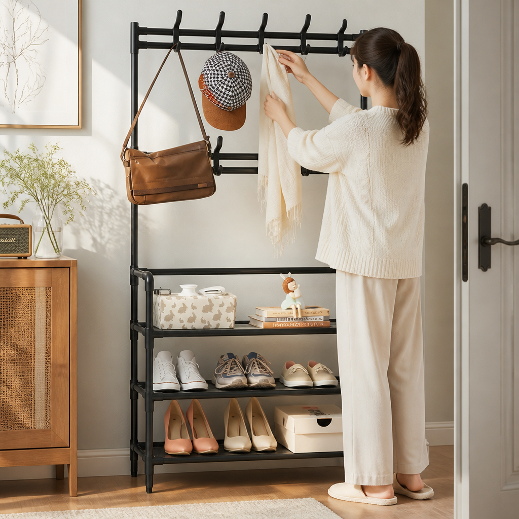 Painted Steel Multi-Layer Coat Rack With Shoe Storage