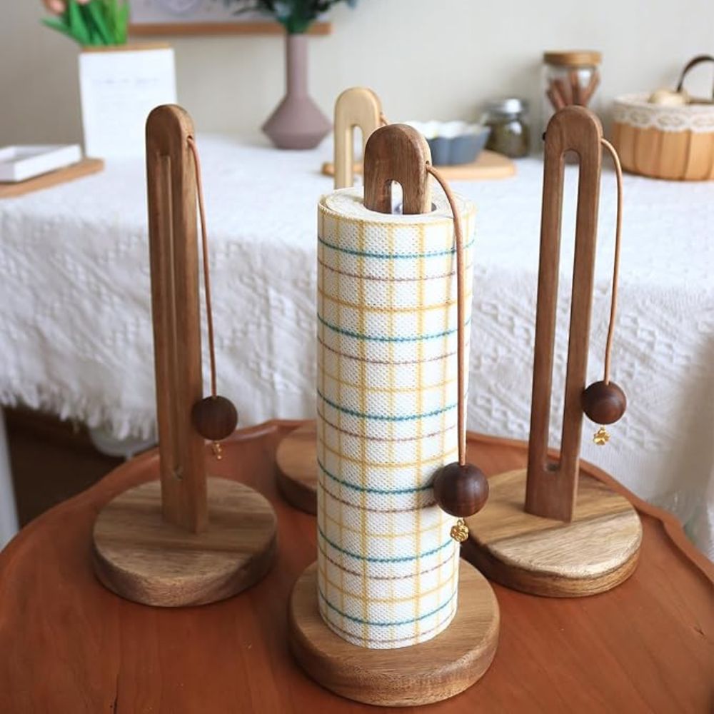 Paper Towel Stand Acacia Wood Anti-Slip Roll Stopper