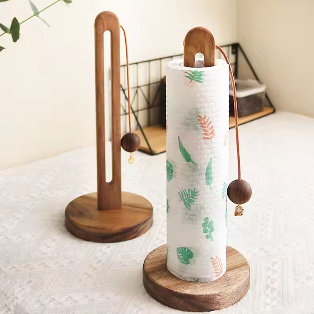Paper Towel Stand Acacia Wood Anti-Slip Roll Stopper