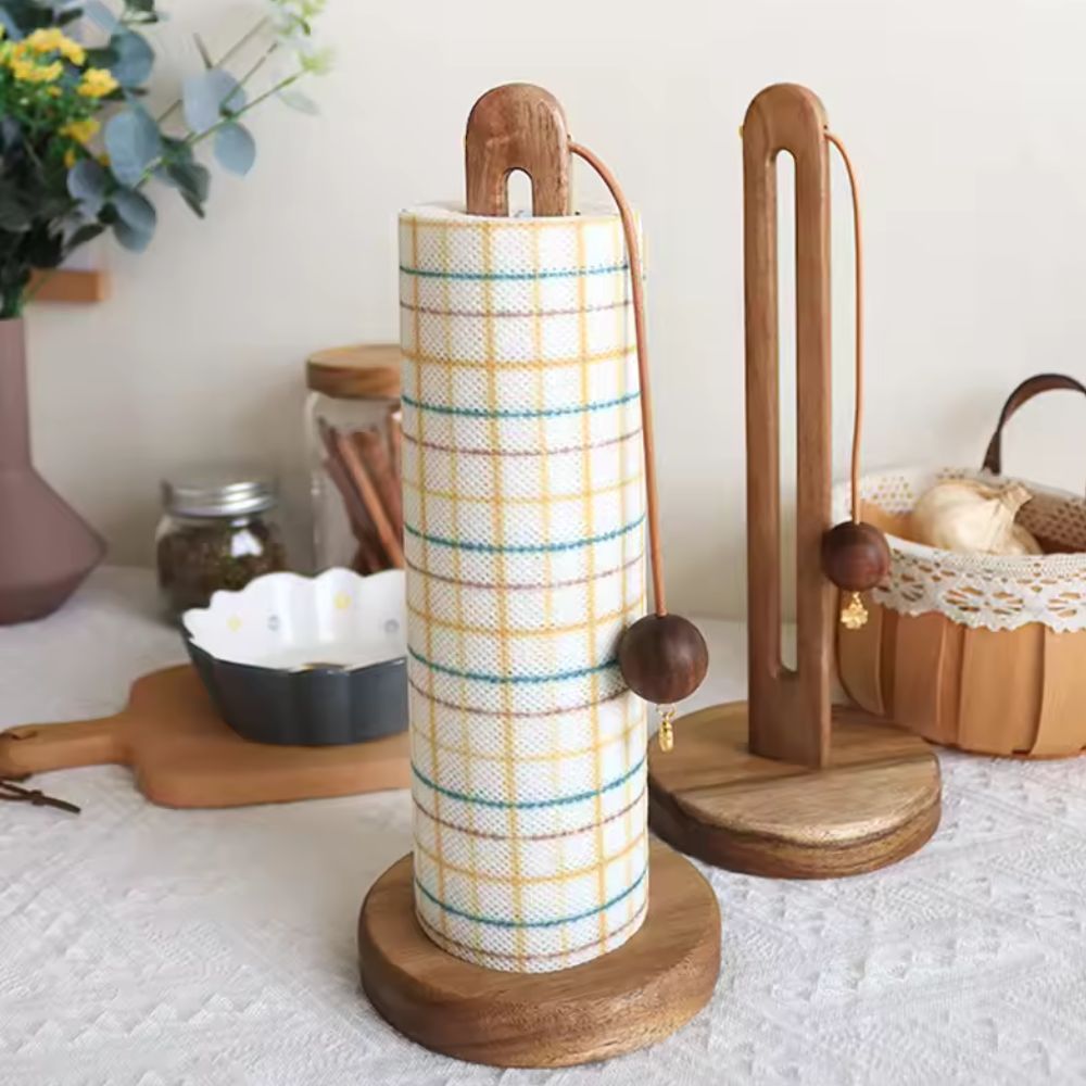 Paper Towel Stand Acacia Wood Anti-Slip Roll Stopper