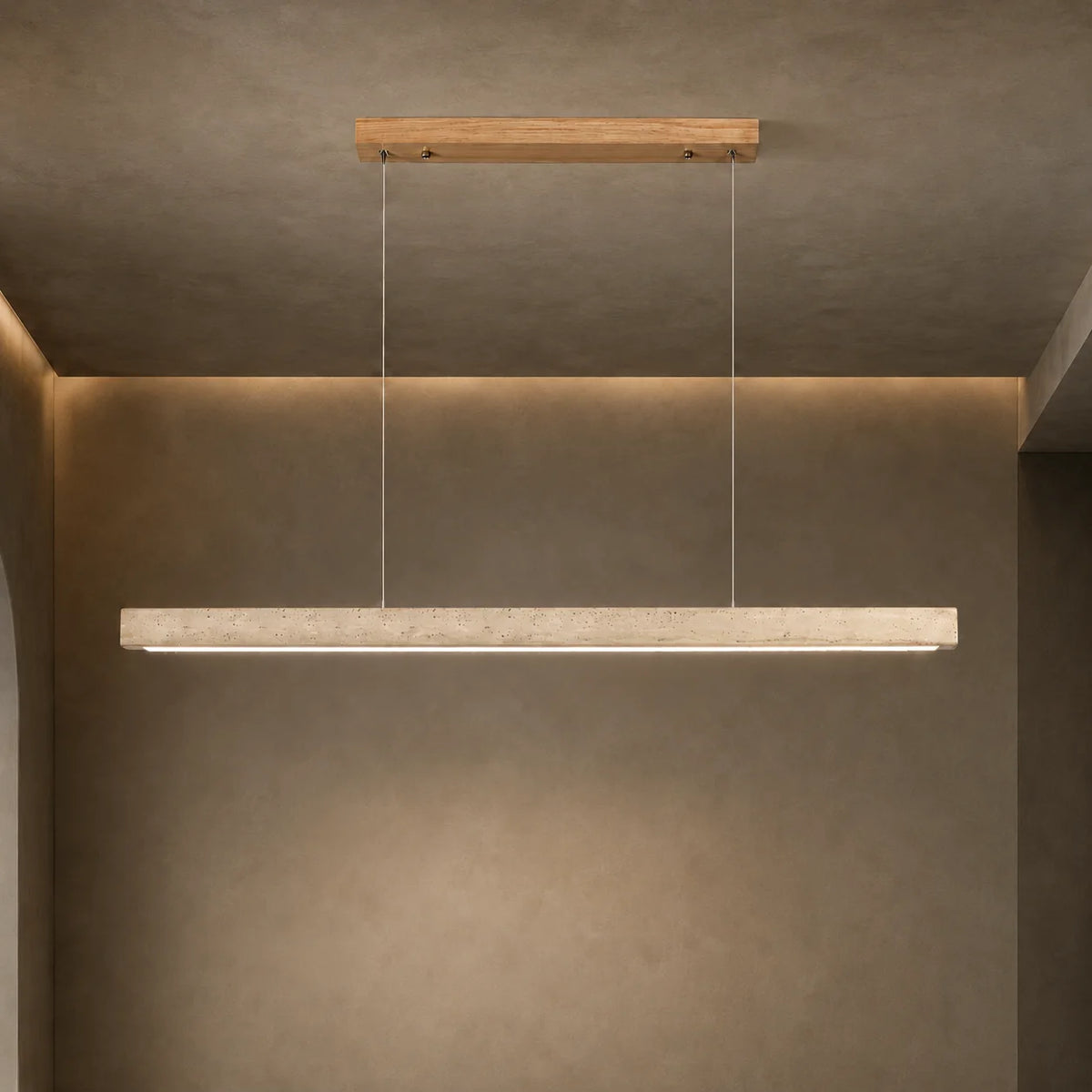 Pendant Lamp Adjustable LED Travertine Shade & Walnut Wood