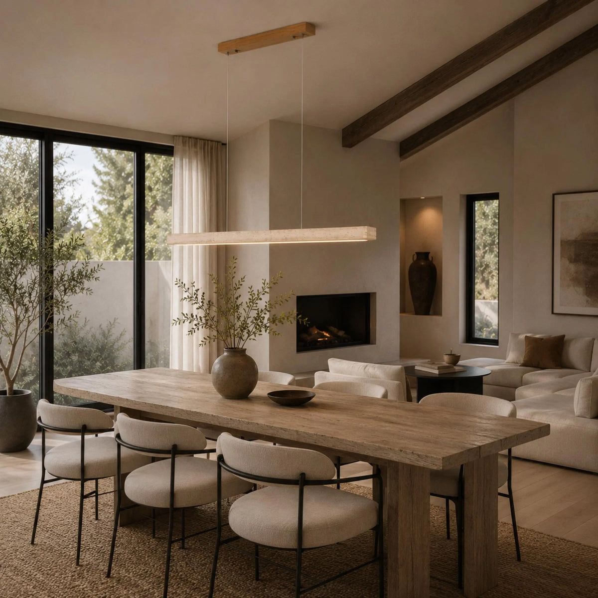Pendant Lamp Adjustable LED Travertine Shade & Walnut Wood