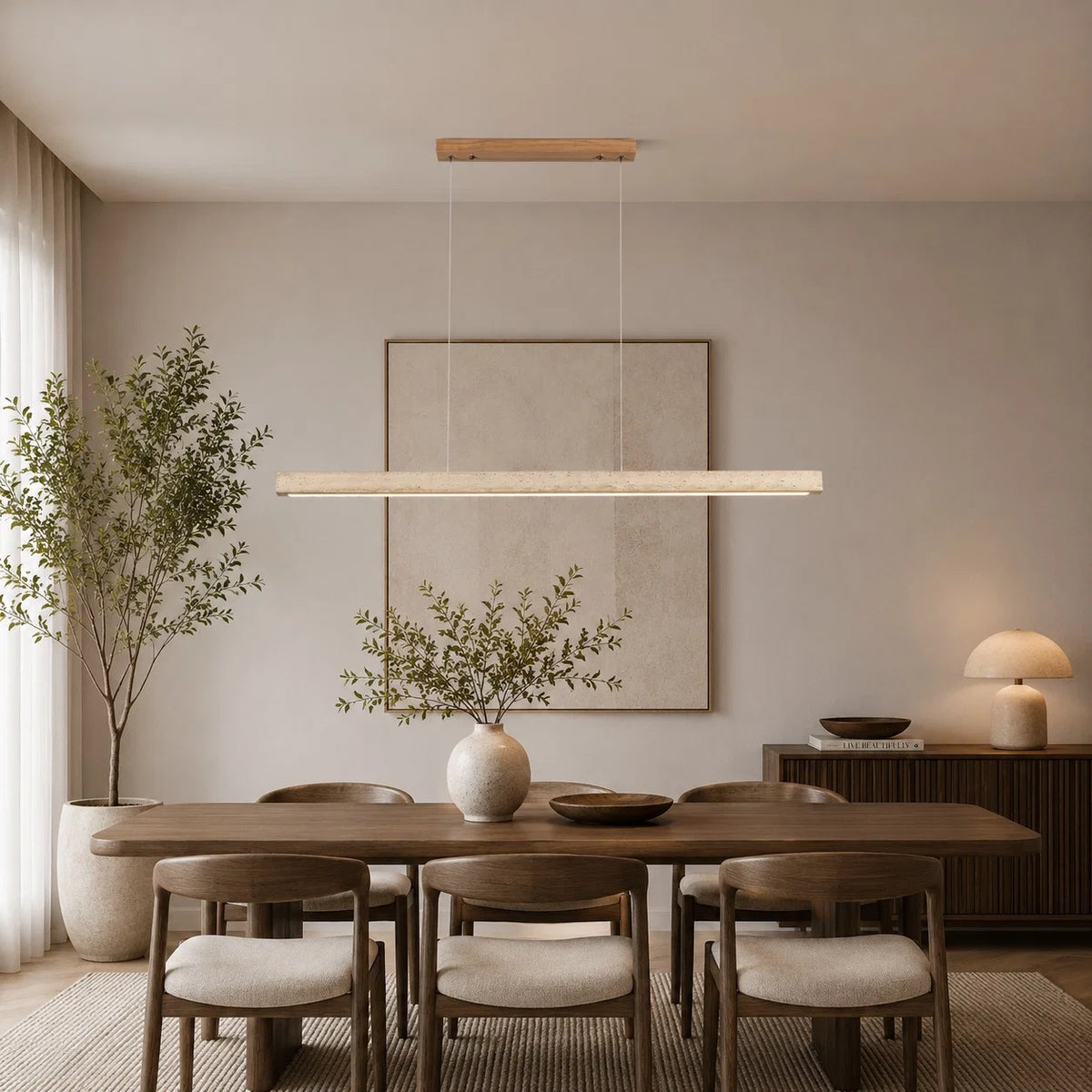 Pendant Lamp Adjustable LED Travertine Shade & Walnut Wood