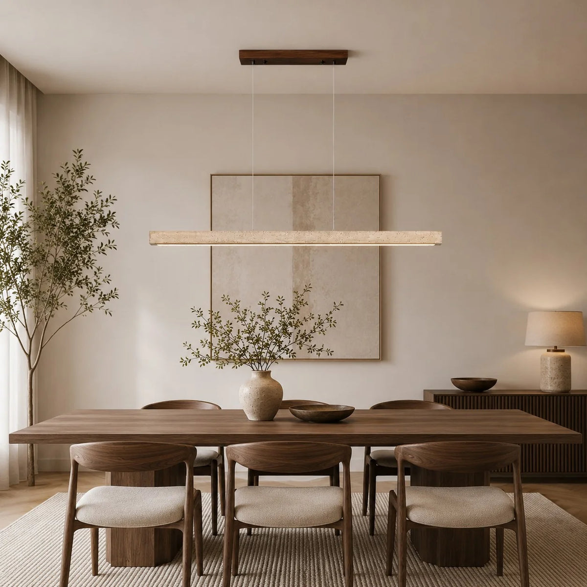 Pendant Lamp Adjustable LED Travertine Shade & Walnut Wood