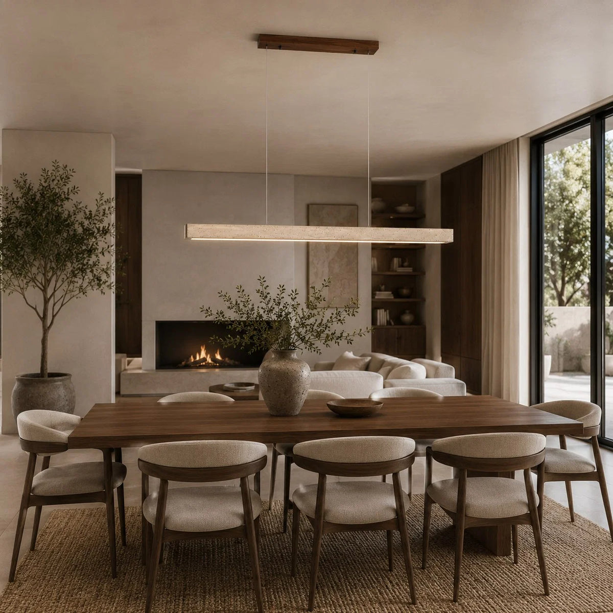 Pendant Lamp Adjustable LED Travertine Shade & Walnut Wood